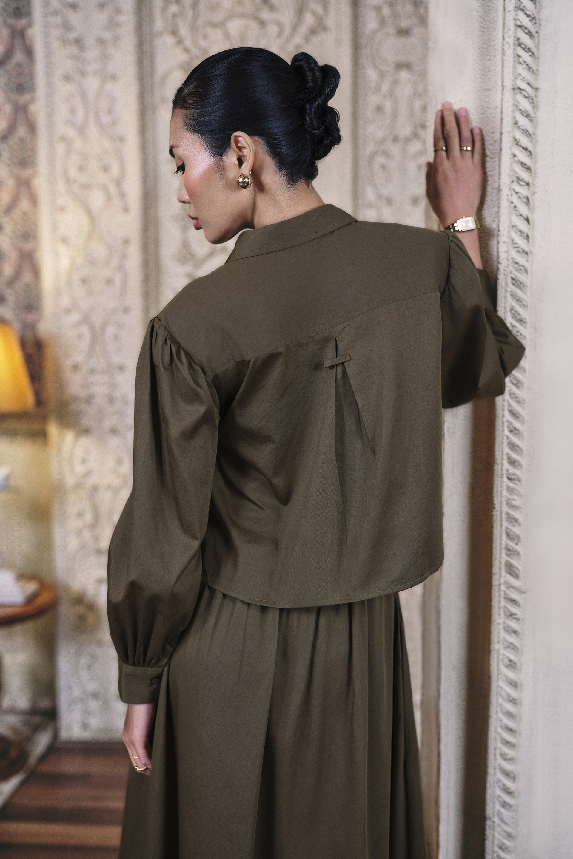 Peasant Sleeves Cotton Co-ord in Olive, Olive, image 5